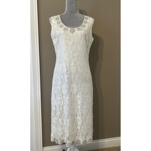 Ashro White Lace Sleeveless Sz 10 Midi Dress‎ Beaded Neck Hem Wedding Romantic